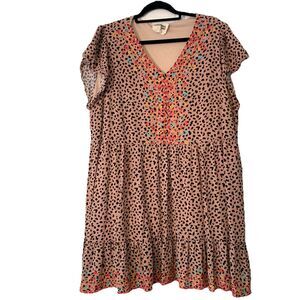 Savanna Jane Womens 1X Dress Leopard Boho Aztec Western Tiered Embroidery Floral